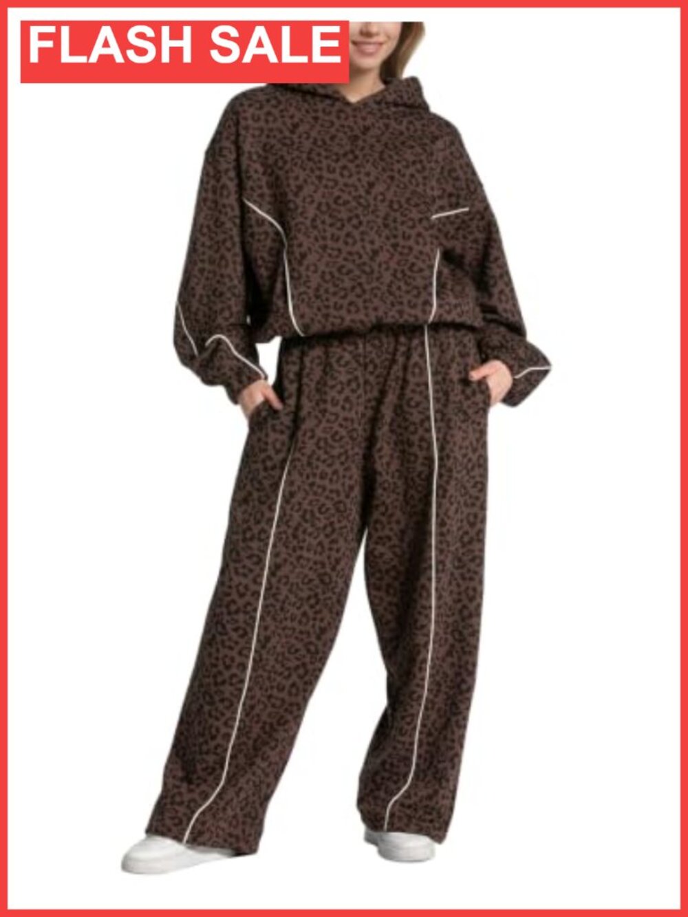Fleece Leopard Print 2-Piece Hoodie & Wide Leg Sweatpants Set Loungewear